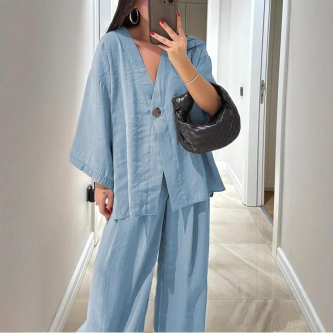 2026 Cross-border Women's Fashion Casual Suit V-Neck One Button Loose Long Sleeve Top High Waist Pants Two-piece Set