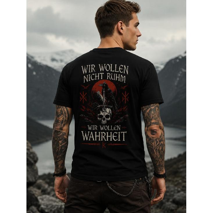 Men's Black Short Sleeve Crew Neck T-Shirt with Viking Skull & Raven Graphic, Soft Cotton Blend for Casual Wear