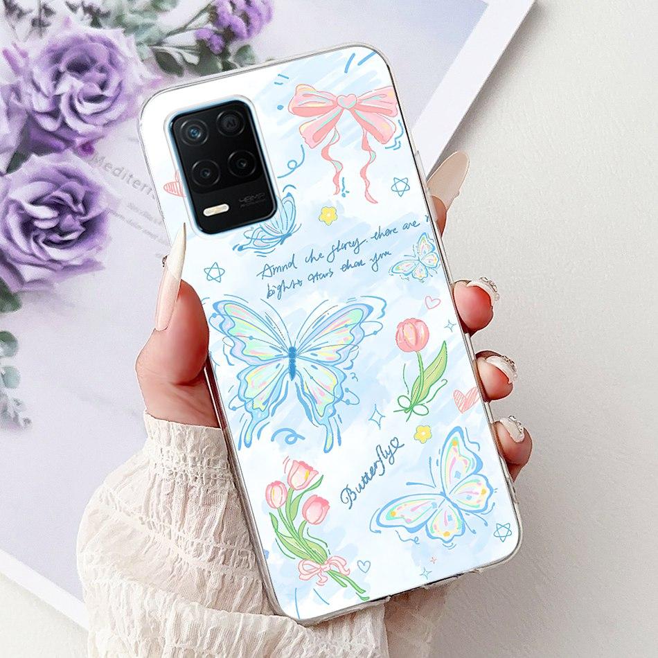 Pro telefon Realme 8 5G RMX3241 Pouzdro na telefon Realme8 5G Elegantní Květinový Potisk Kočky Měkký Silikon Průhledné TPU Pouzdra
