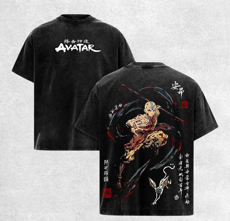 Avatar Son Havabükücü Tişört, Vintage Yıkanmış Siyah T Shirt, Oversize Anime Sokak Giyimi