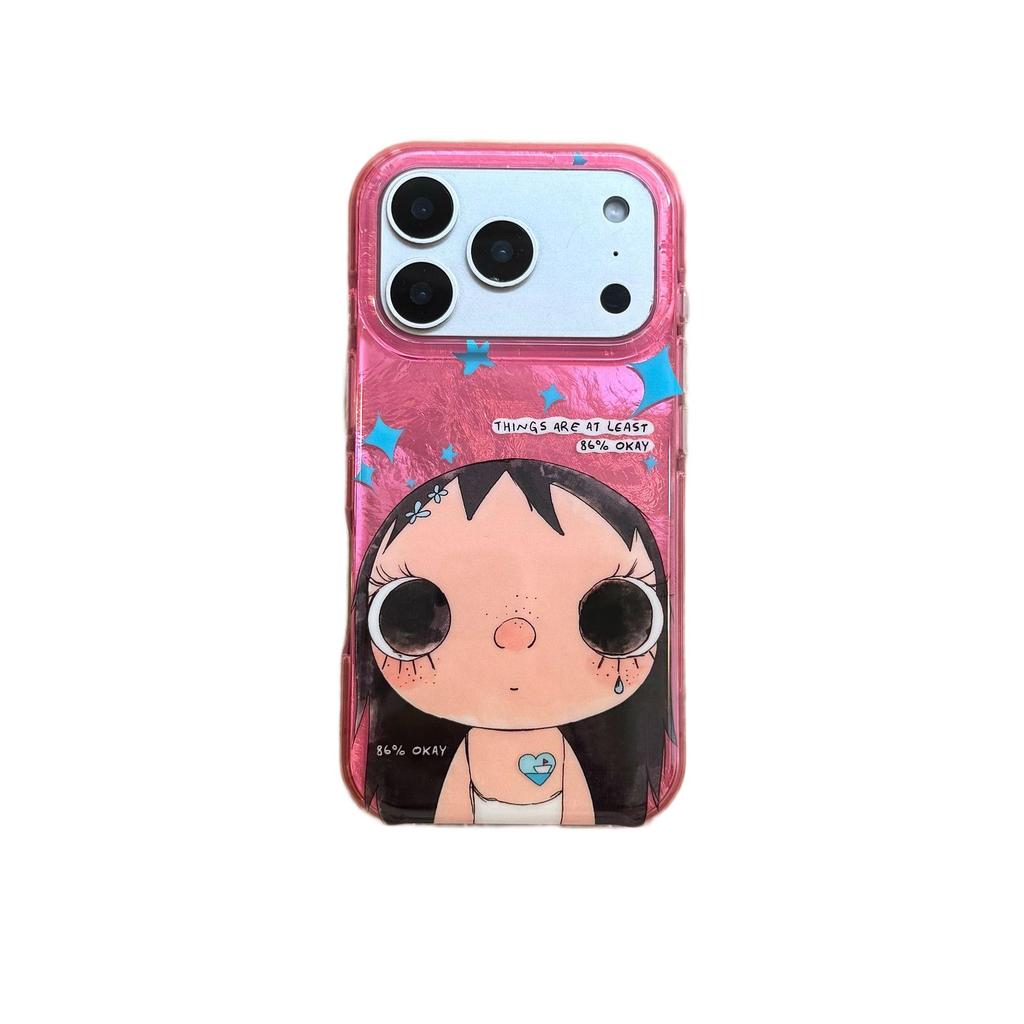 Pink Transparent Cute Cartoon Girl iPhone Case for Apple 16/17 Pro Max with Anti-Fall Protection
