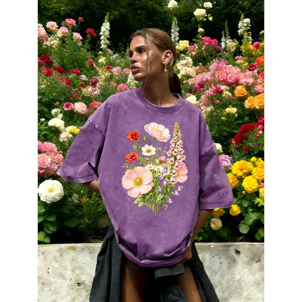 Beautiful Daisy Wind Chime Flower Print Washed T Shirt Women Casual Cotton T-Shirts Hip Hop Clothes Loose Short Sleeves