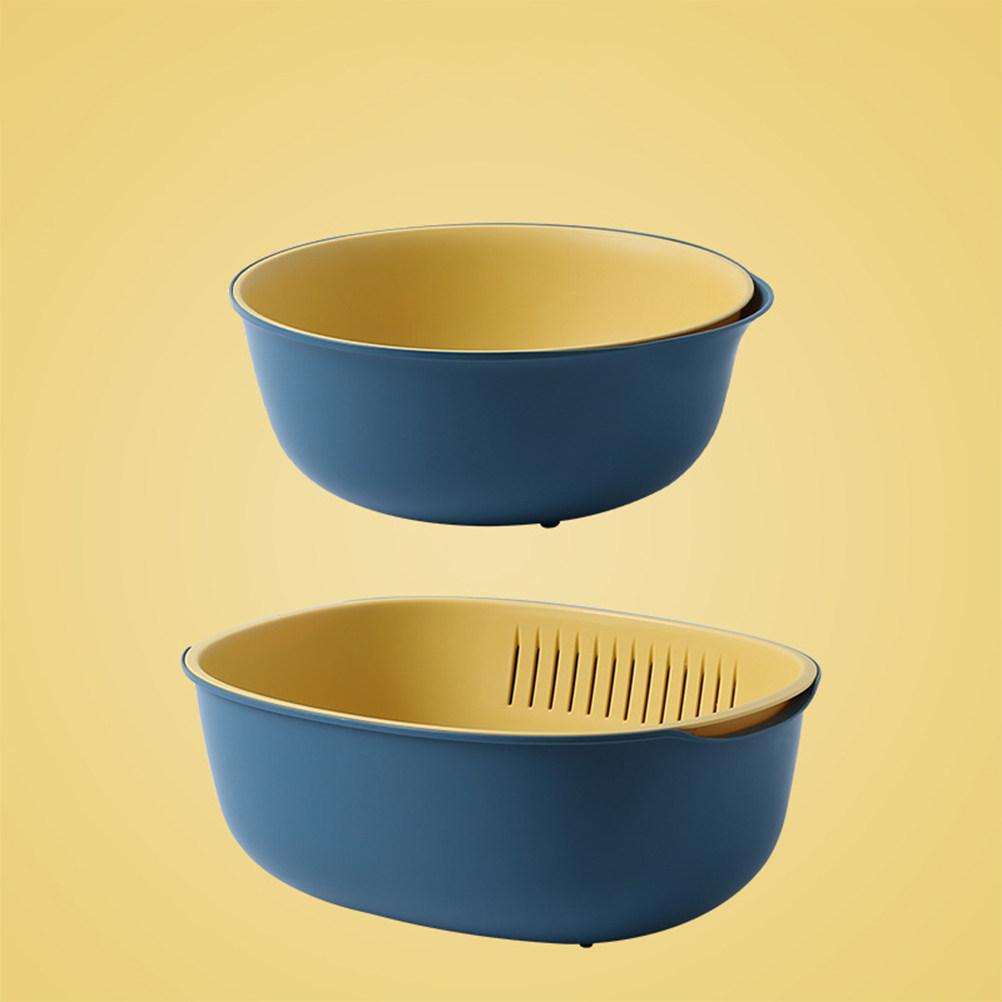 1Pcs Double-Layer Plastic Drain Basket Food-Grade Stackable Fruit Vegetable Washing Sieve with Hidden Drain Layer Oval Dark Blue