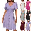 Summer Women's Round Neck Button Stretch Casual Temperament Short Sleeve Dress