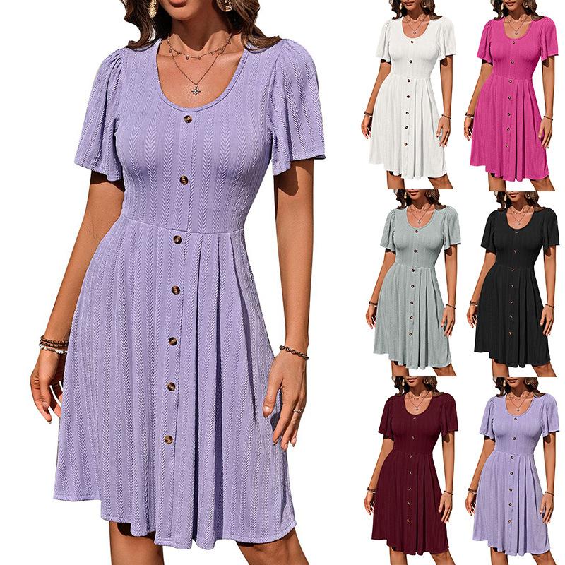 Summer Women's Round Neck Button Stretch Casual Temperament Short Sleeve Dress