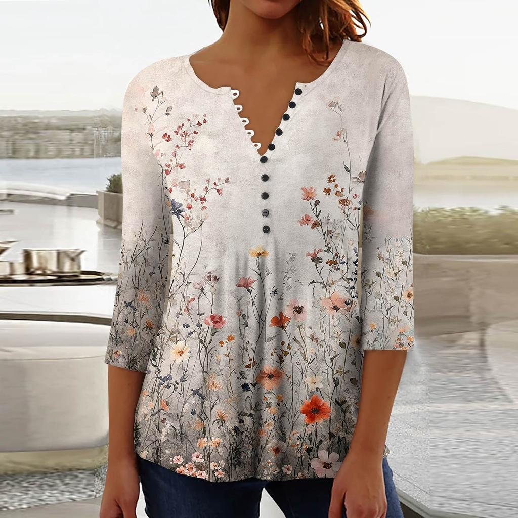 Women's Fashion Casual Pullover T-Shirt 3/4 Sleeve Printed Top