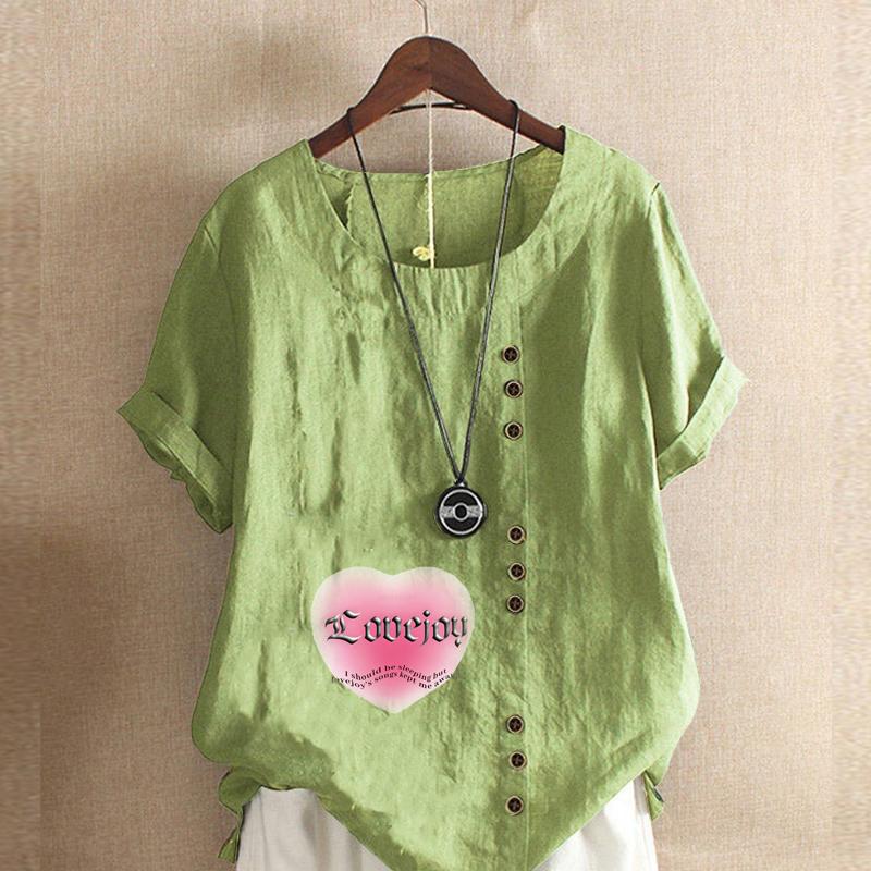 

Женская новая модная льняная рубашка с круглым вырезом и коротким рукавом, футболка с принтом Love of Pink Powder, летняя женская повседневная блузка больших размеров, топы 5XL зелёный