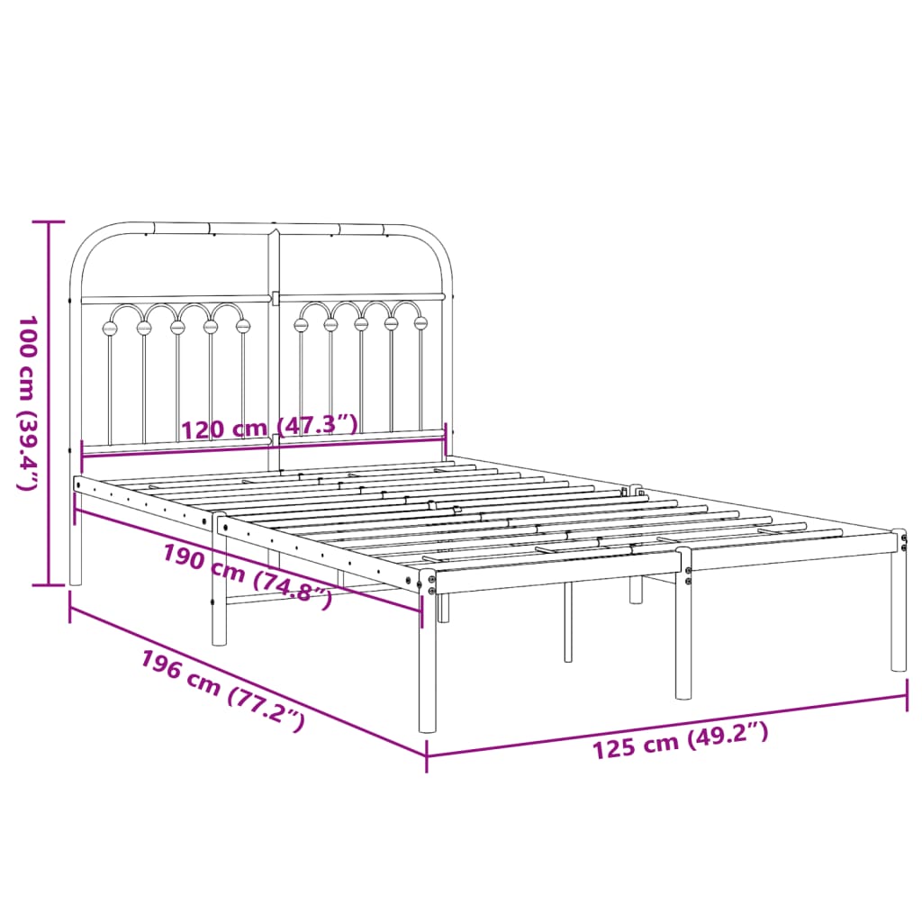 Metal Bed Frame with Headboard Black 120 x 190 cm
