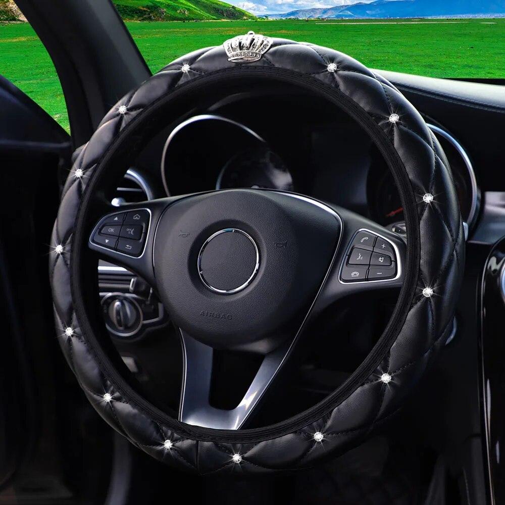 Artificial Sheepskin Print Stereo Diamond-encrusted Crown Car without Inner Ring Steering Wheel Cover for 14.5-15 Inches