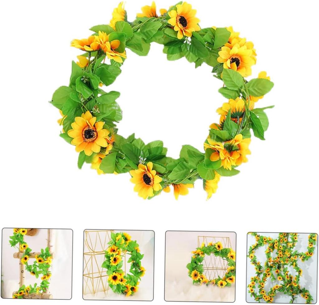 Künstliche Sonnenblumen-Girlande Seiden-Sonnenblumen-Ranke Gelbe Blume Grüne Blätter Außenbereich Fake Hängepflanzen