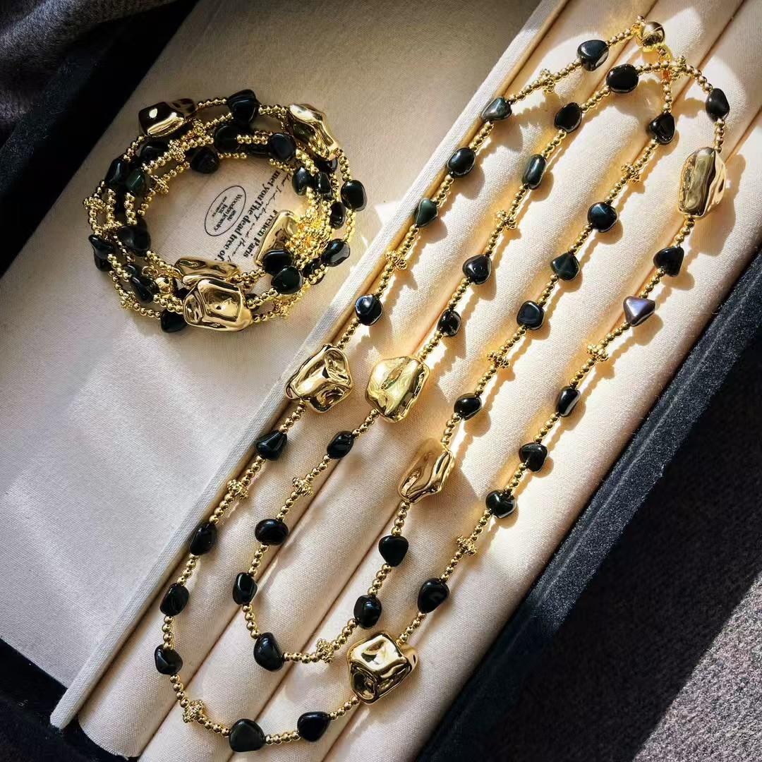 

Vintage High Quality Natural Black Agate Design Sweater Chain Necklace Collarbone Chain