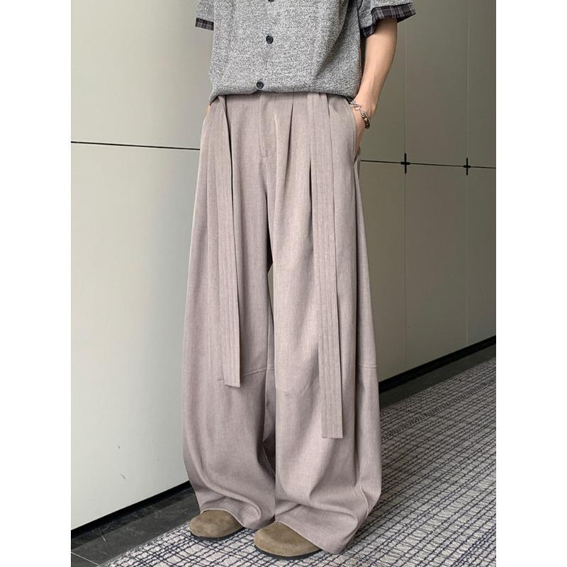 Men Double Belt Pleated Straight Micro Flared Loose Casual Dress Pants