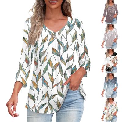 Shirts For Women Trendy V Neck Button T Shirts Casual Printed Summer Tees T Shirt Blouse Three Quarter Sleeve Tops For Women