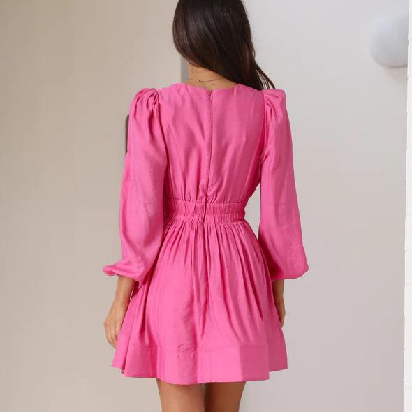 Women Spring Solid Color V-Neck Full Lantern Sleeve Dress Summer Casual A-Line High Waist Pleated Short Dresses S-XL