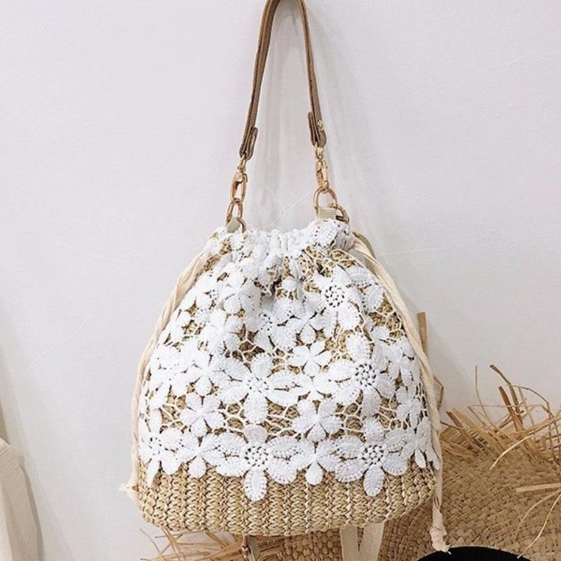 Small Fresh Forest Straw Bag Women's Lace Bucket Bag Fairy Travel Beach Crossbody Bag