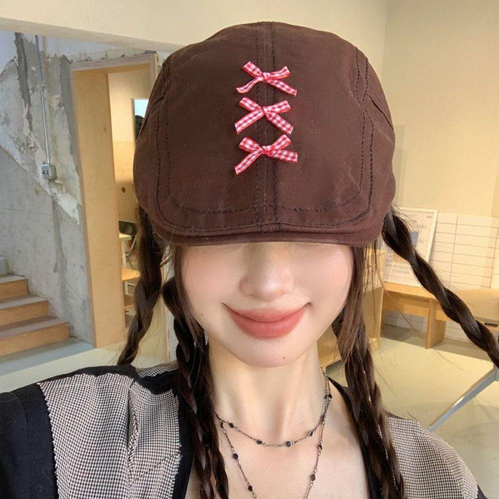 

Bow Women Painter Hat Solid Female Artist Hat Fashion Retro Beret Students кофейный