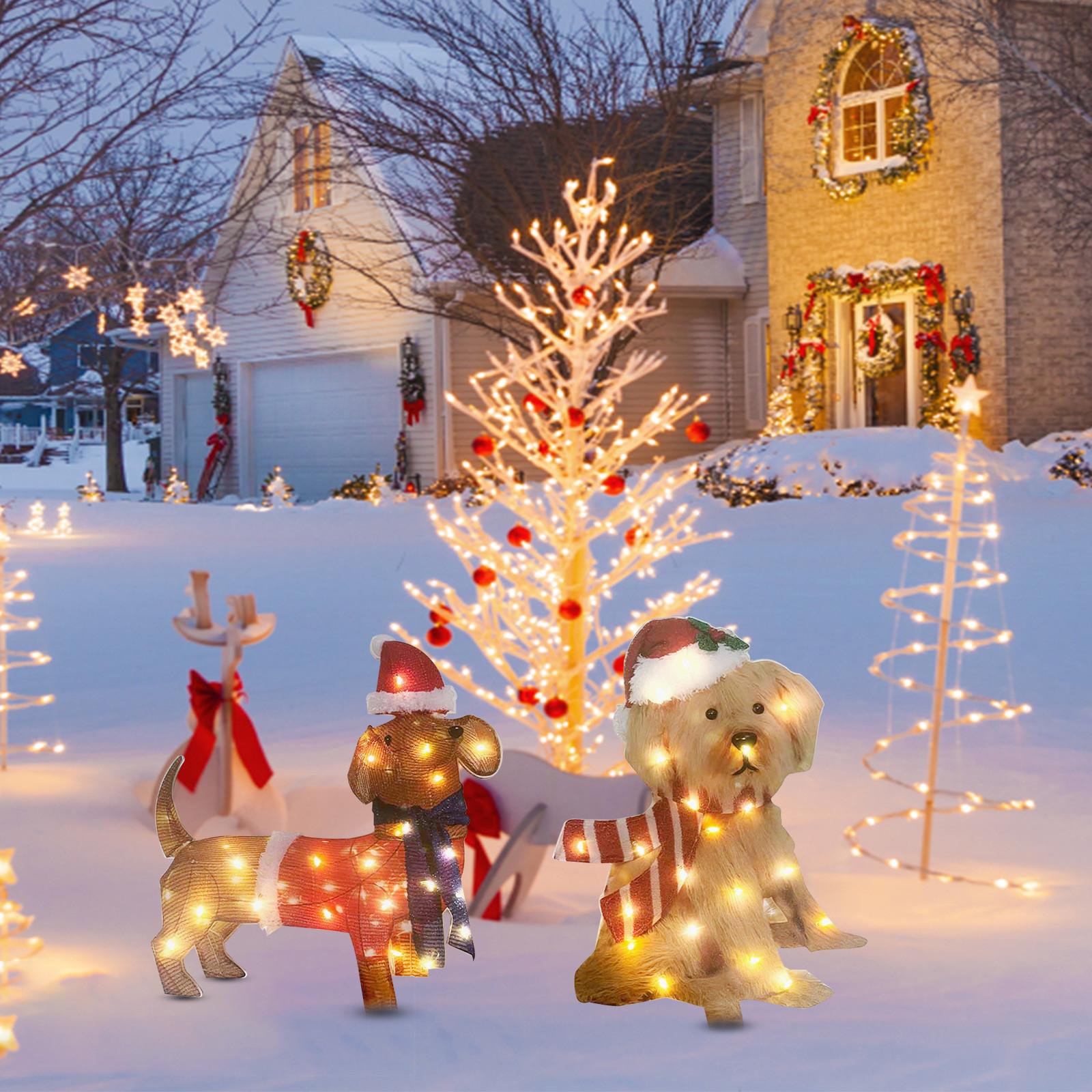 

Освітлені різдвяні прикраси на відкритому повітрі, різдвяні прикраси для собак зі світлодіодними ліхтарями, попередньо підсвічений штучний різдвяний святковий декор для переднього двору різнокольоровий