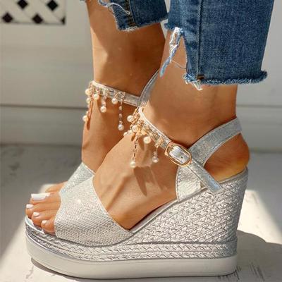 Women Wedge Sandals Summer Bead Studded Detail Platform Sandals Buckle Strap Peep Toe Thick Bottom Casual Shoes Ladies