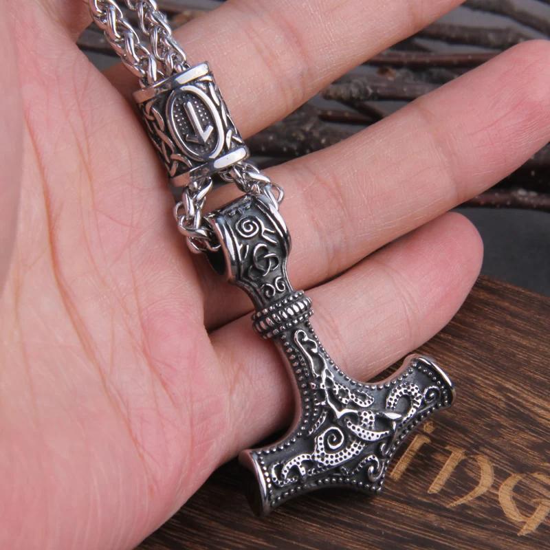 Fashion Valknut Viking Thor's Hammer Pendant Necklace With keel Chain As Men Gift with wooden box