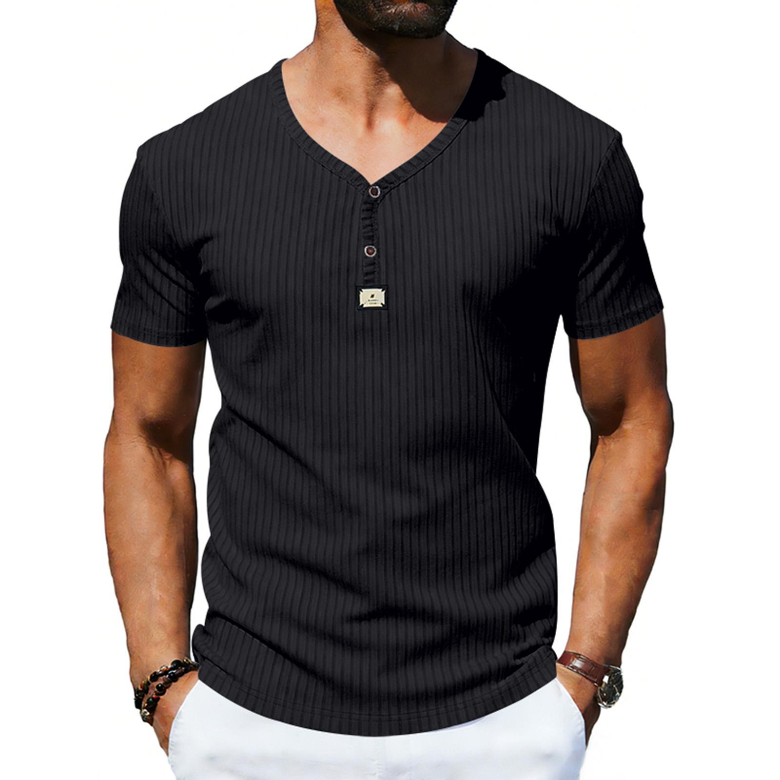 

Men’s Short Sleeve Ribbed Knit Henley T Shirt with Button Placket and V Neck Casual Slim Fit Top for Everyday Wear L чёрный