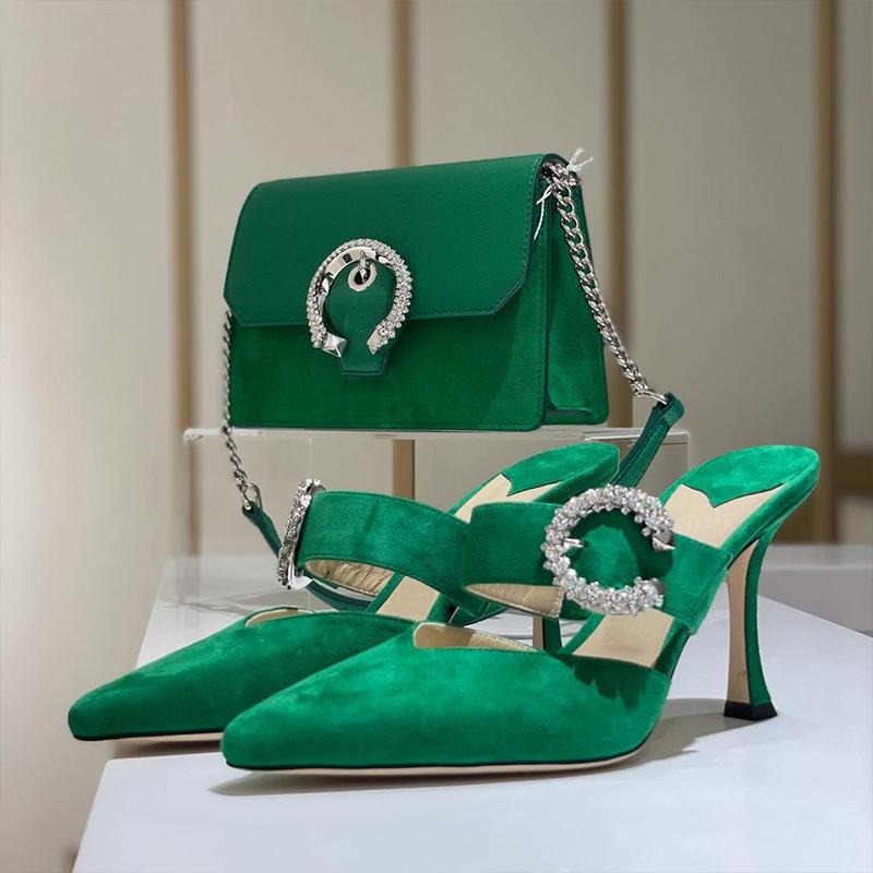 Diamond Buckle Mules 2024 Summer New French Toe Sandals Rhinestone Pointed Toe Stiletto Heels