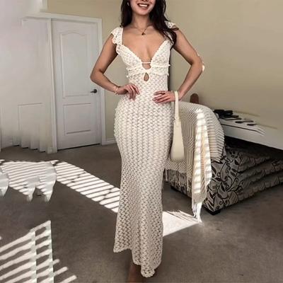 Hluboký výstřih do V sexy úpletové šaty Ženy Vysoký pas Úzké Dlouhé šaty bez rukávů Dlouhé šaty Dámská Party Elegantní Plážové Dovolená Háčkované šaty Dámské oblečení