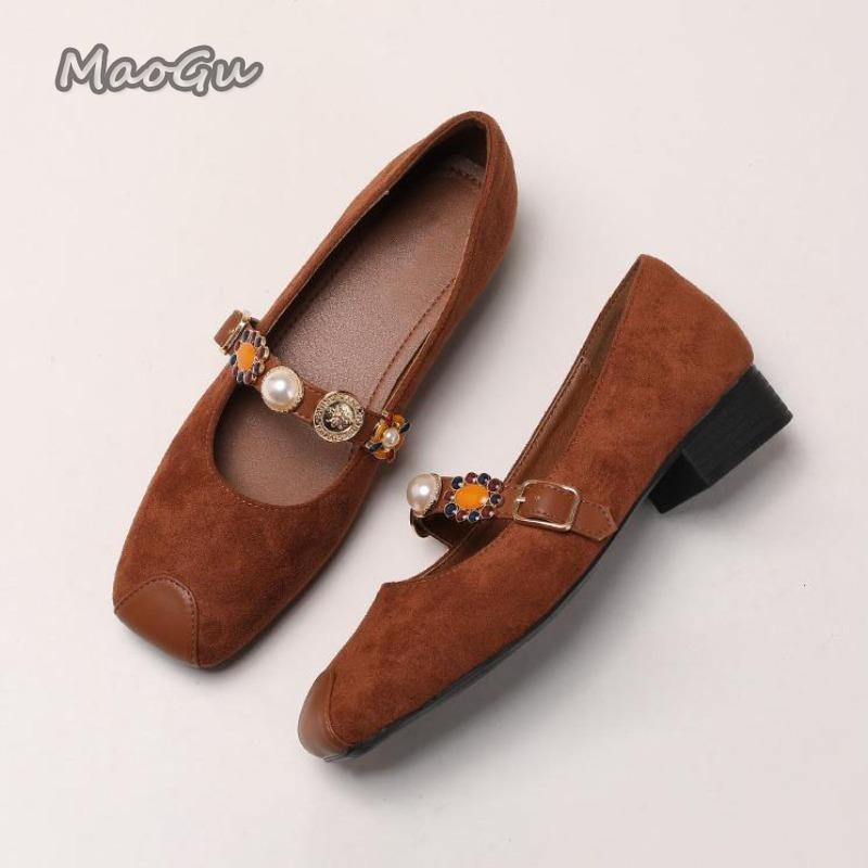 Fashion French Retro Suede Single Shoes for Women Office Ladies Low Heel Pumps Pearl Strap Mary Jane Shoes Size 35-43 Zapatos De Mujer