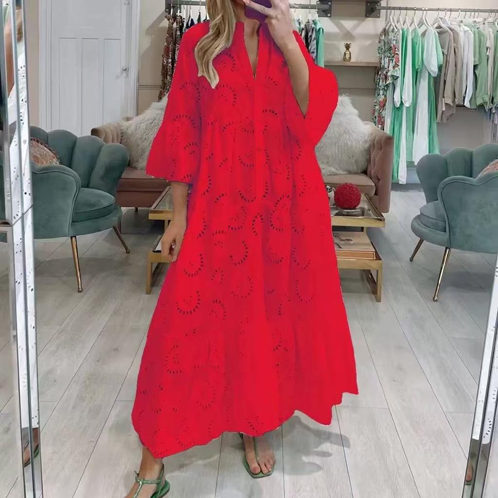 IHUASU 8 Colors S-5XL Women's Fashion Summer Spring Solid Color Print 3/4 Sleeve V-Neck Casual Dresses