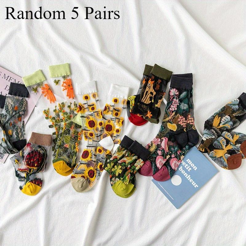 

5 Pairs Women S Floral Lace Mid-Calf Socks, Transparent Crystal Sheer—Soft, Lightweight, Breathable, Machine Washable 14x16cm