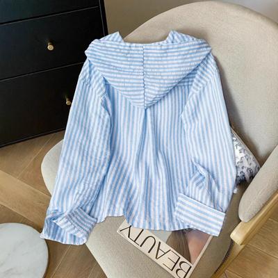 Women's Retro Lazy Vertical Striped Hooded Shirt for  2025 Versatile Loose Long-sleeved Top Sun Protection Jacket