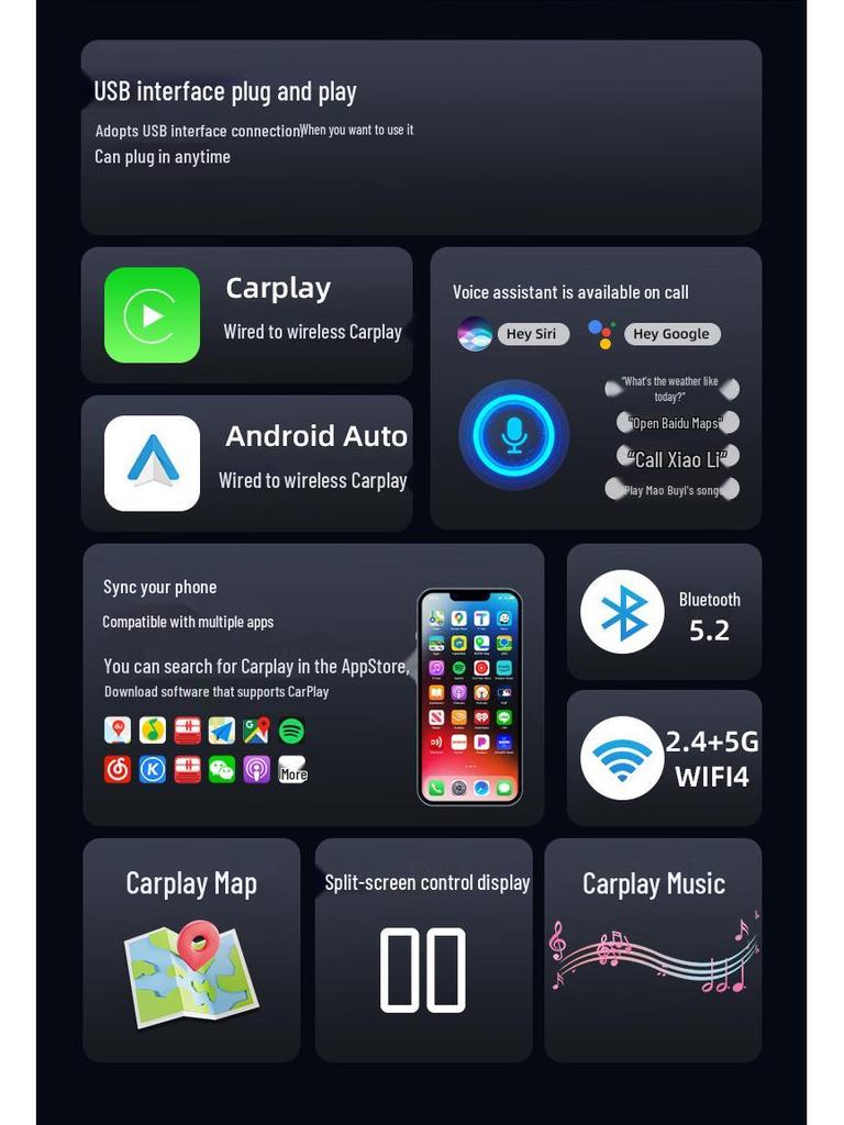 Cross-Border Wireless CarPlay & Android Auto 2-in-1 Smart Car Screen Mirroring Converter