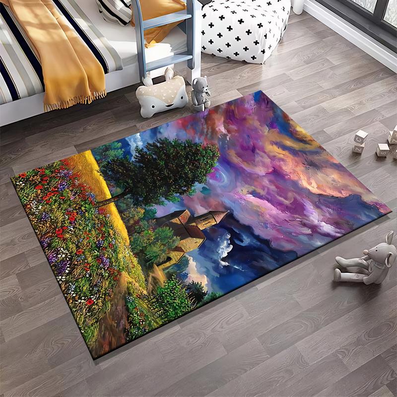 Colorful Landscape Carpet with Church, Tree, Flowers, and Vibrant Sky. Suitable for use as an anti-slip for living room bedroom sofas