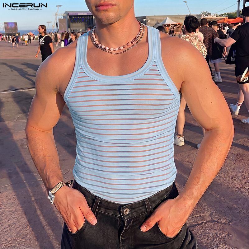 INCERUN Herren Rundhals Ärmellose Netz Durchsichtig Gestreifte Tanktops