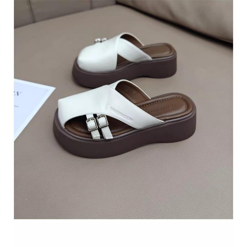 Baotou Half Slippers Women's New Leather Big Head Lazy People Wear Slippers Outside Muffin Platform Shoes