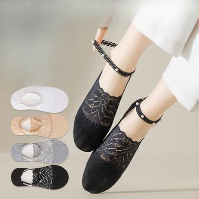 Calzini da barca da donna sottili in pizzo e perle per primavera ed estate, con scollo basso, antiscivolo, anti-caduta, in rete, invisibili, con fascia