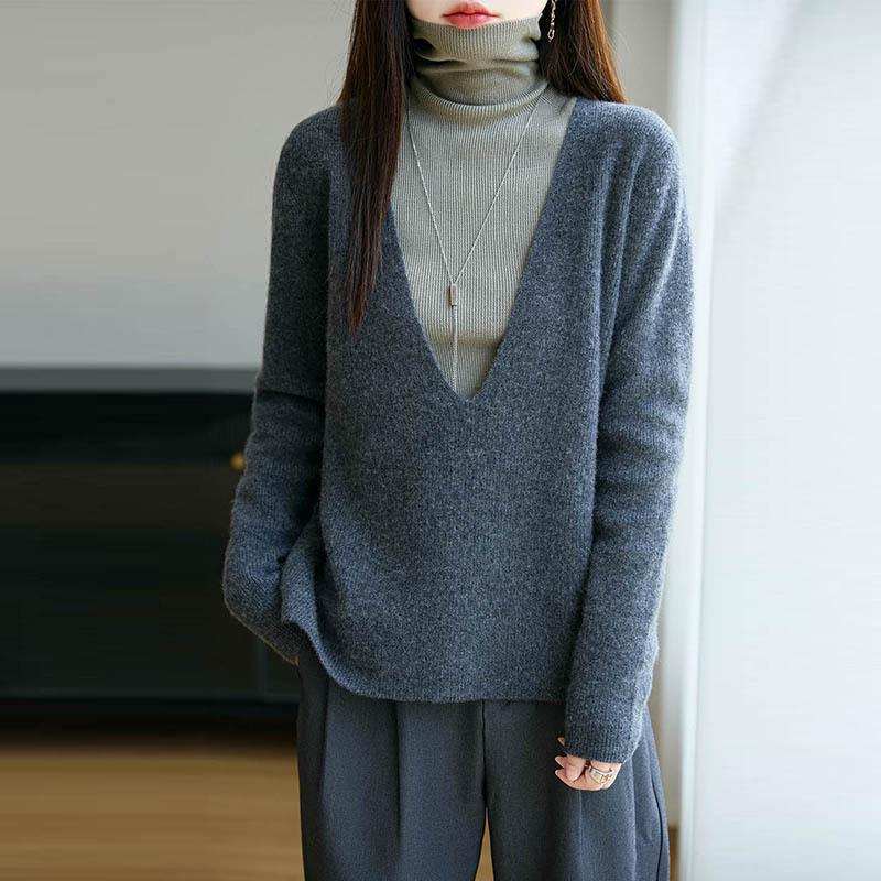 Women's V-Neck Wool Knit Slimming Sweater - Long Sleeve Base Layer