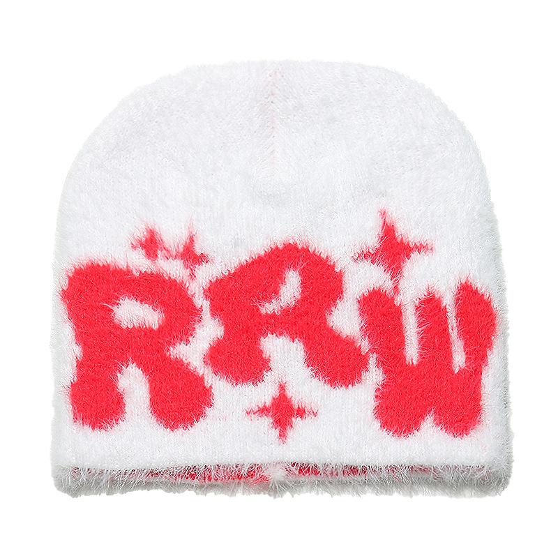 New plush letter beanie hat imitation mink hair beanie warm knitted hat women's winter