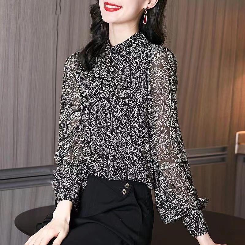 Spring Top, Small Shirt, Long Sleeved Shirt, Women's Floral and Age Reducing Chiffon Shirt