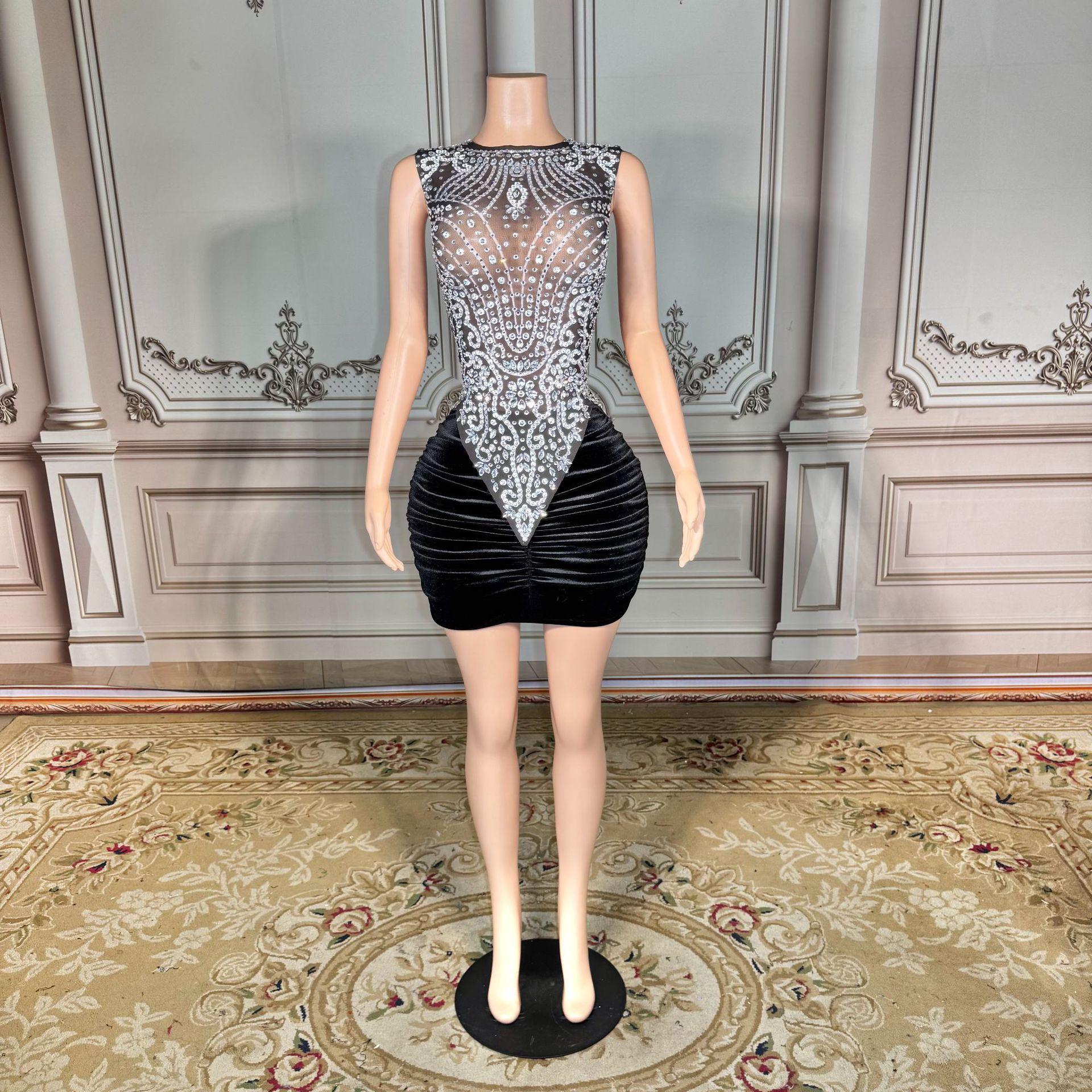 

Light Luxury Rhinestone Lace Mesh Mini Evening Dress S чёрный