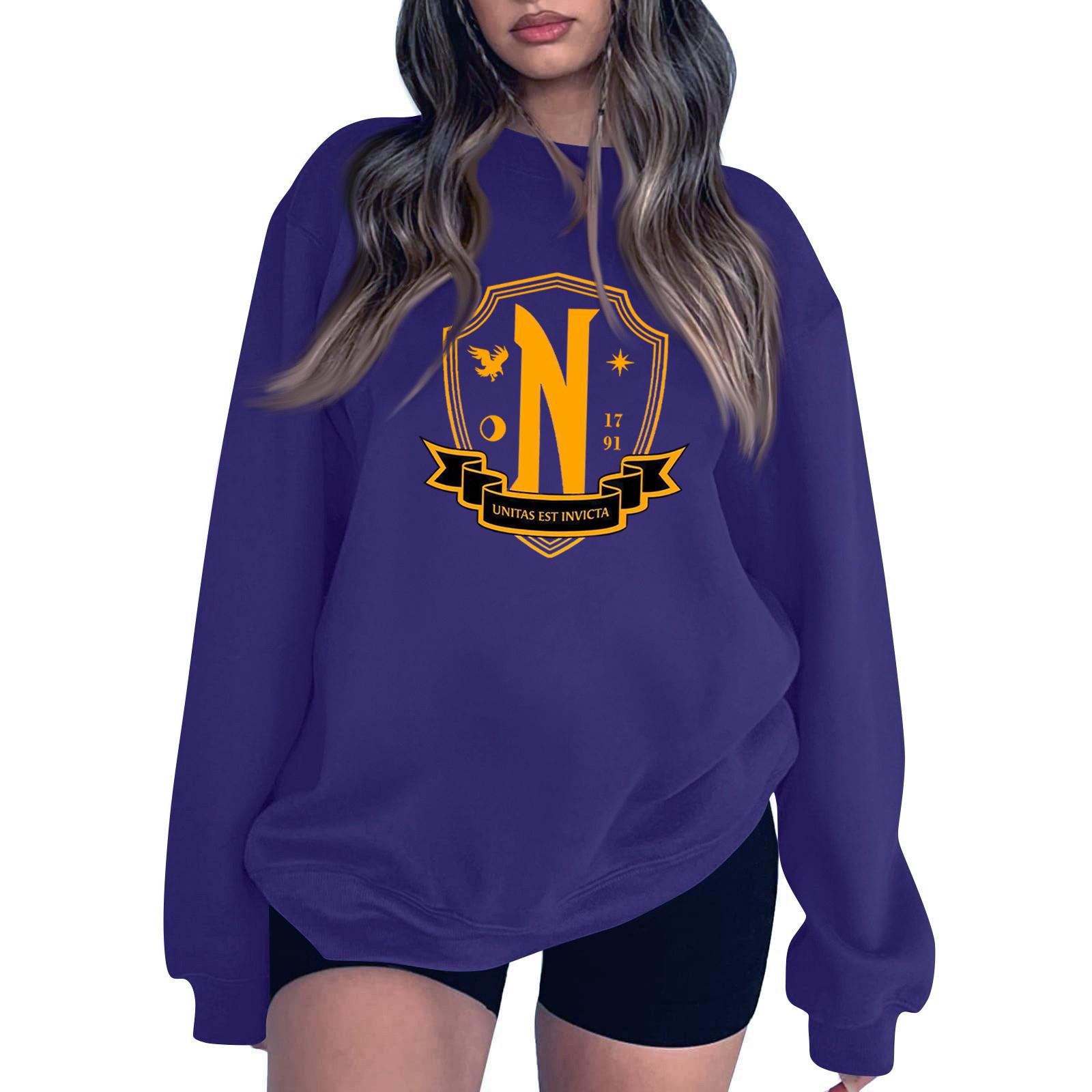 

Женские топы с круглым вырезом и принтом из хлопка, повседневная мода, длинный рукав, пуловер, топ, блузка M фиолетовый