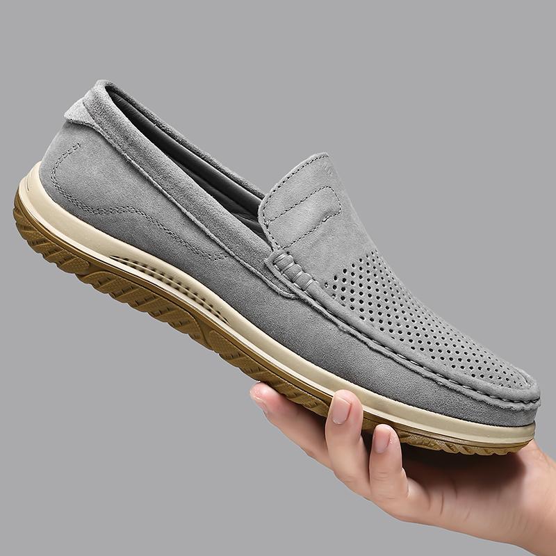 

Hollow Out Summer Loafers Luxury Genuine Leather Mens Shoe Suede Male Casual Shoes Breathable Soft Driving Shoes Walking Shoes 38 серый