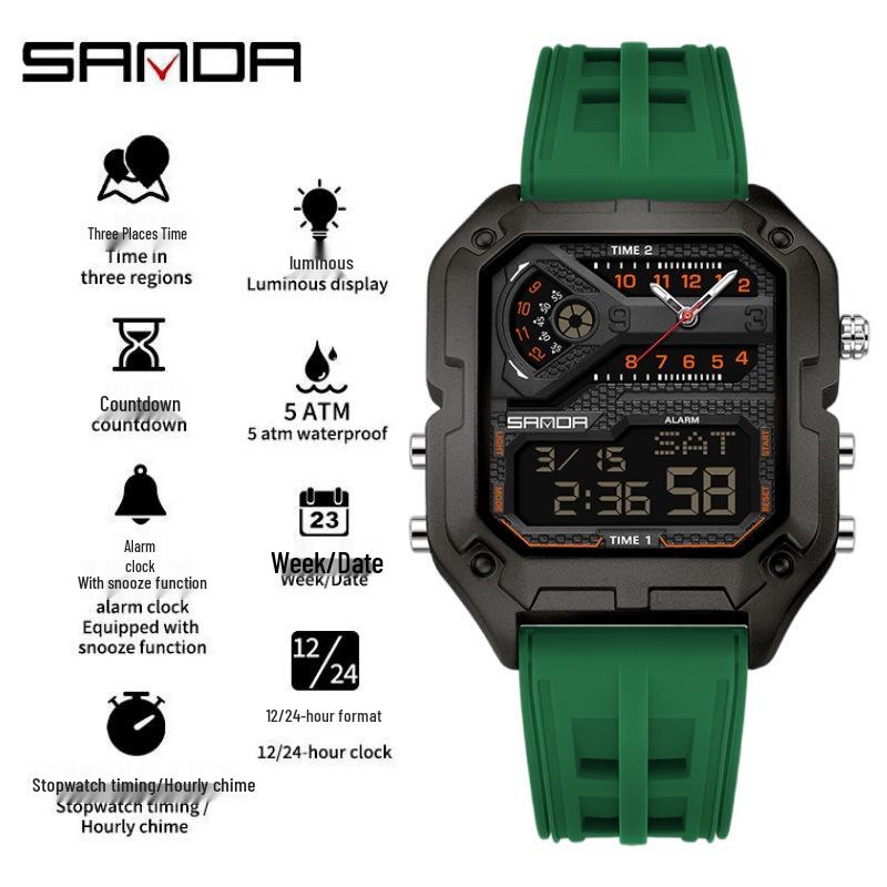 SANDA Men's Luxury Quartz Watch - Steel Band, Waterproof, Three-Time Zone, Versatile for Casual and Workplace Wear.