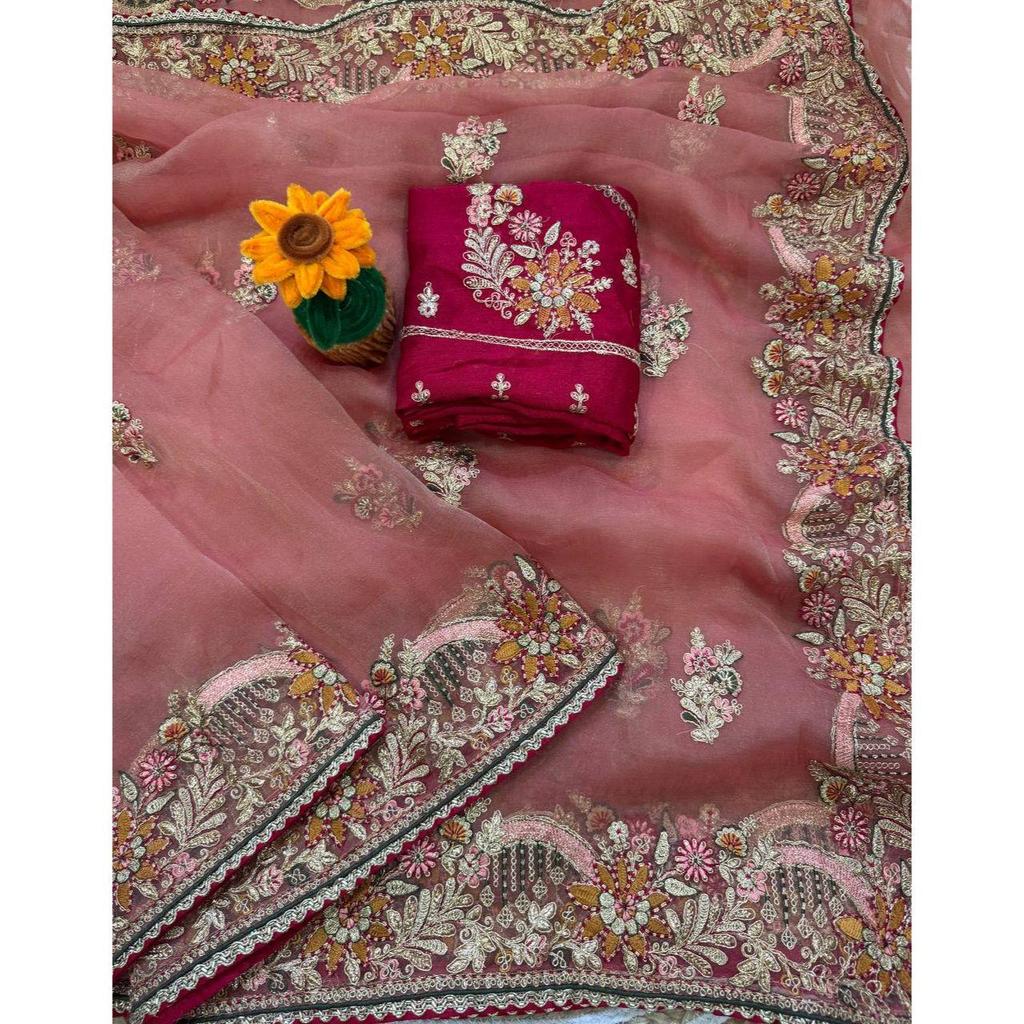 Premium soft zippy silk with c pallu multi thread and zari embroidery work with readymade lace and piping border
