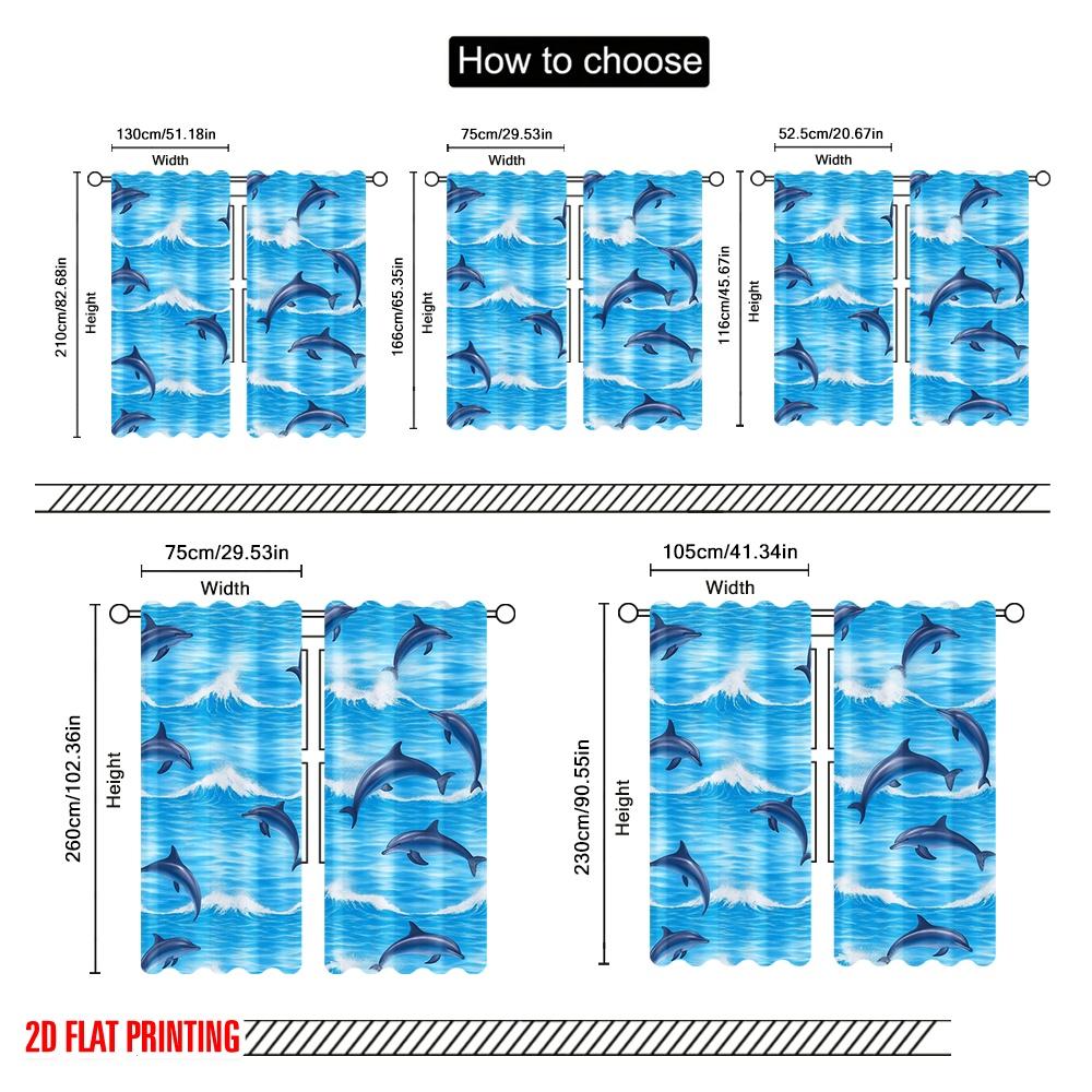 2 Stück, 2D-Flachdruck Vorhänge Rollos Delfinwellen Polyester (ohne Stange) Dekorationen für Innen Perfekt für Wohnzimmer,