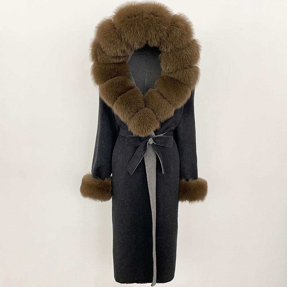 OFTBUY Autumn Winter Women Coat Real Natural Fox Fur Collar Hooded Double-faced Woolen Blends Jacket Thick Warm Casual Overwears