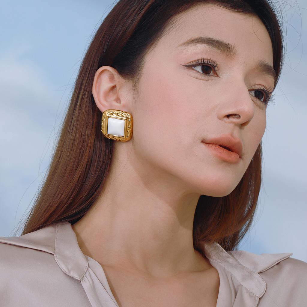 Yori Stainless Steel Square Hammered White Agate Earrings 18K PVD Plated High Quality Charm Stylish Golden Jewelry