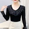Spring Autumn Women's Ruffles Hotfix Rhinestone T-Shirt Elegant Full Sleeve Tees Slim Ladies Tops