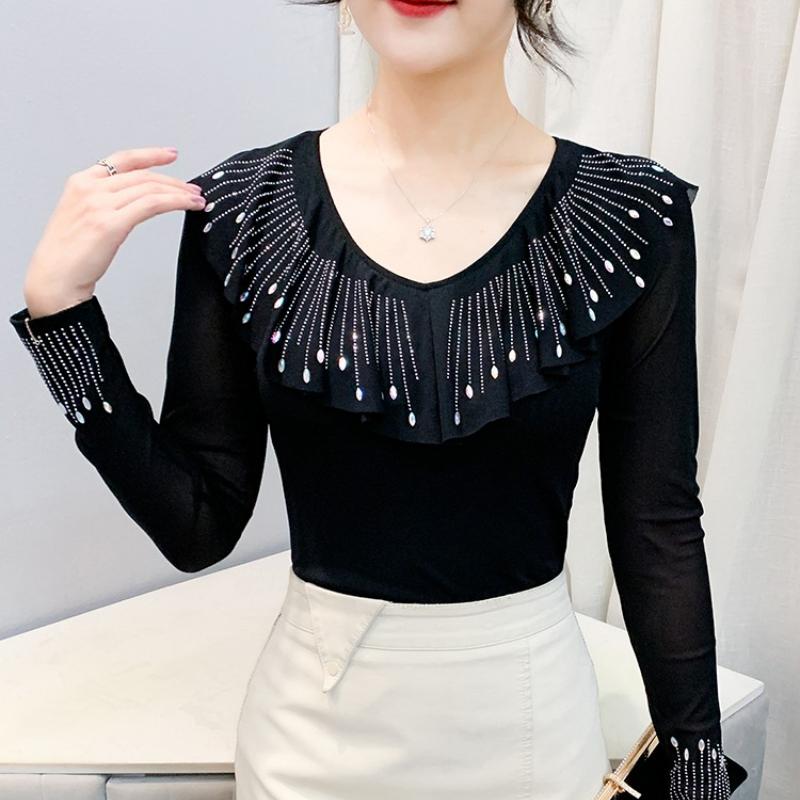 Spring Autumn Women's Ruffles Hotfix Rhinestone T-Shirt Elegant Full Sleeve Tees Slim Ladies Tops