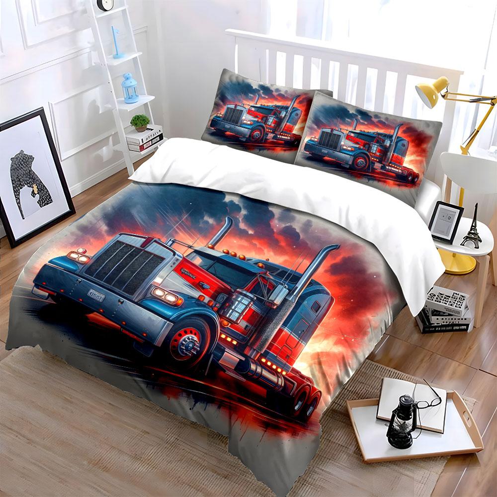 "Red and Blue Semi Truck Design" Bedding Duvet Cover Set  (1*Duvet Cover 2*Pillowcases, without duvet insert)