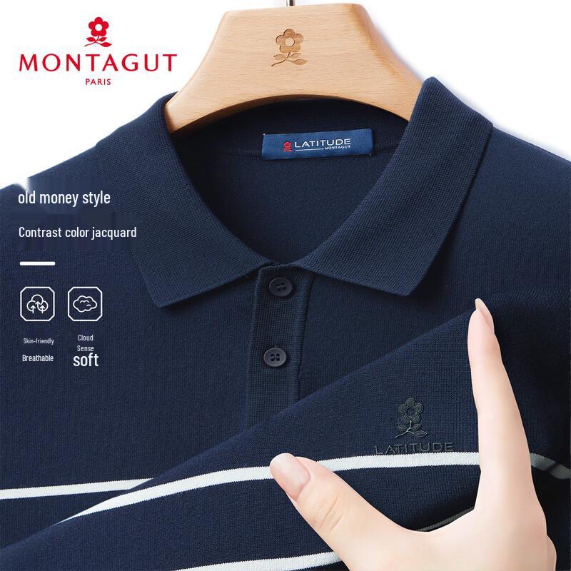 Мужской вязаный джемпер с коротким рукавом MONTAGUT в стиле Old Money с контрастным жаккардовым узором 50 темно-синий